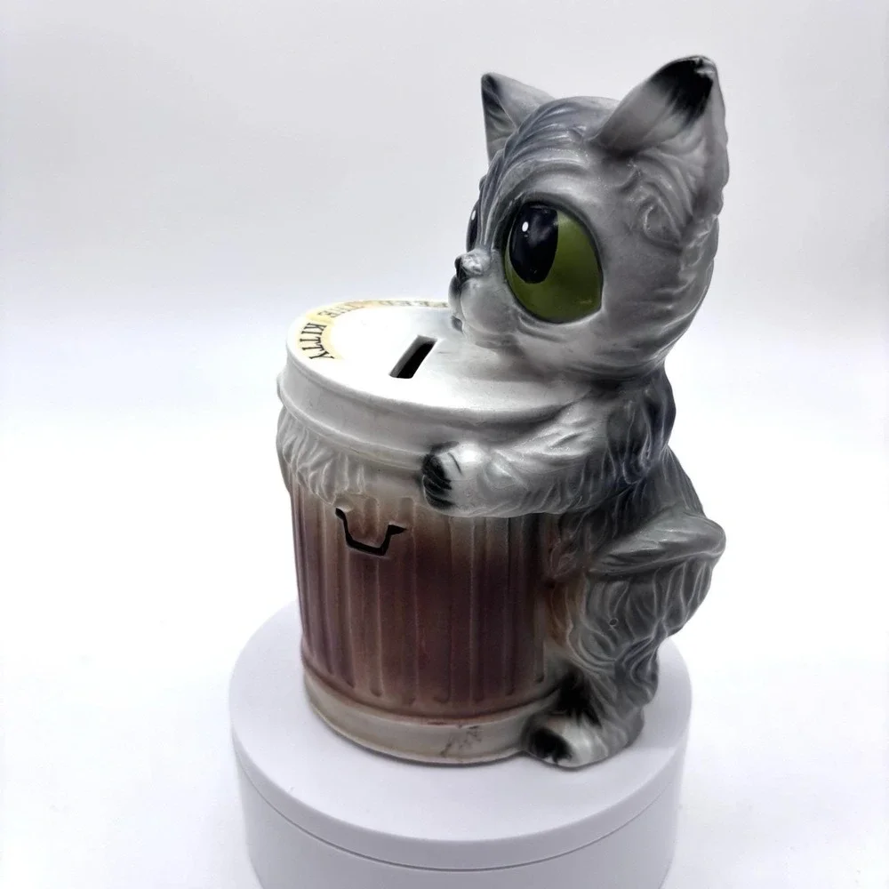 Vintage 1960's‎ Japan Enesco Ceramic Feed The Bank Big Eyed Cat Piggy Bank